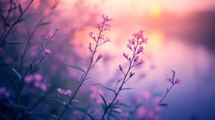 Sunset Serenity: Pink Flowers, Riverbank, Dusk