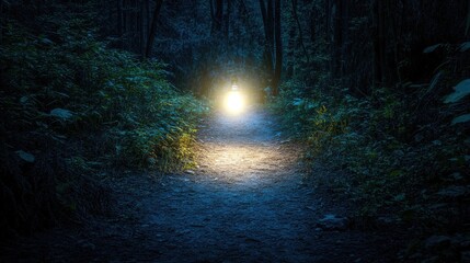 Obraz premium Focus point of light illuminating a path through a dark forest, showing clarity in business planning.