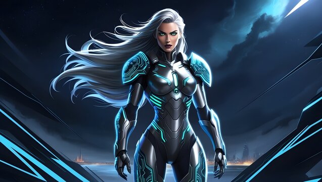 A futuristic hightech illustration of Balistic droid like a woman