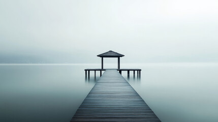 Misty Lake Pier Solitude: Minimalist Wooden Dock and Gazebo