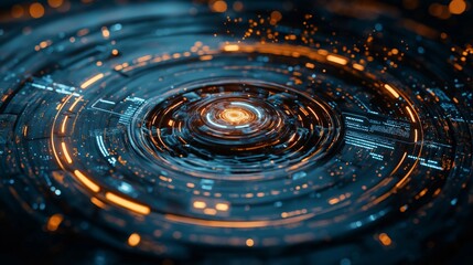 High-tech digital interface with concentric glowing rings and circuit details in blue and orange, creating a futuristic HUD design resembling a ripple effect in water.