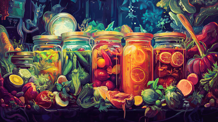 Fototapeta premium Vibrant Fermented Foods: Psychedelic Jars of Pickles, Peppers, and Citrus