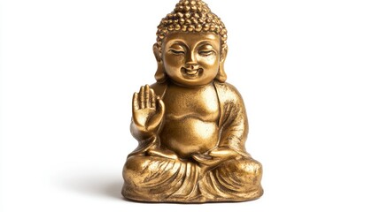 Traditional gold Buddha figurine, isolated on white, serene expression and symbolic hand pose
