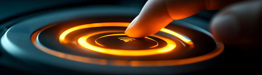 Macro Shot Driver Hand Pressing Illuminated Futuristic Start Button Excitement Concept High Tech Driving Journey Focus Close Up Photo Stock