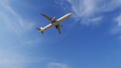 ULTRA HD. Airplane flies in blue sky. Travel. Airplane takes off against the background of blue sky. 
