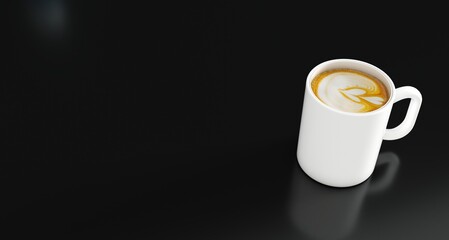 Fresh coffee in cup on black background, top view. Space for text. Cup of Cappucino	
