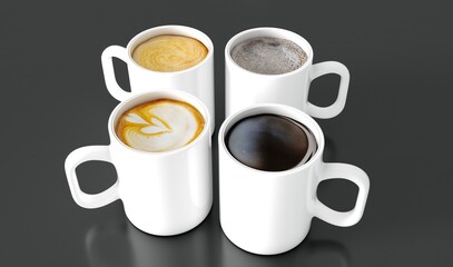 Different coffee drinks assorted isolated on black background.  Various hot beverages drinks. Coffee set collection. Mocha, hot chocolate, tea, black coffee, cappuccino.
