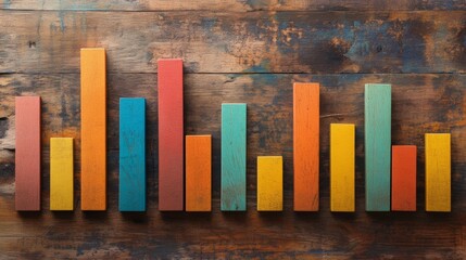 Colorful bar charts display steady business growth on a rustic wooden surface, illustrating performance over time in a creative presentation