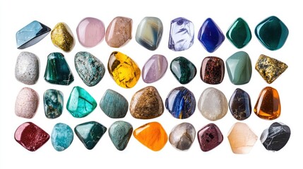 Variety of gemstones in different shapes, front view, isolated on white, brilliant colors