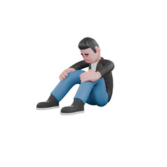 3D Musician Character. A male musician sits with his hands on his knees, his head bowed and an exhausted expression Animated Music Performer