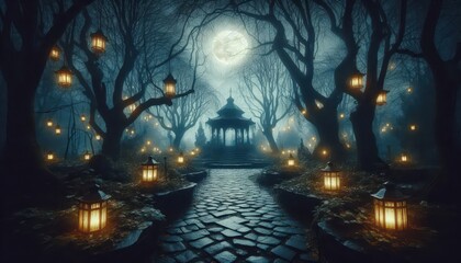 Obraz premium Dark mystical park during the full moon with lanterns