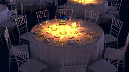 Table set for wedding or another catered event dinner.