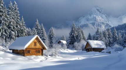 Fototapeta premium Snowy village landscape with two houses and pine trees