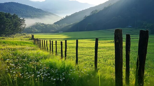 A wooden fence post in a field with green grass and mountains in the background.