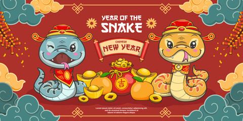 Fototapeta premium Chinese New Year 2025, Year Of The Snake Banner With Cute Zodiac Banner. Cartoon Illustration. Translation - Good Luck