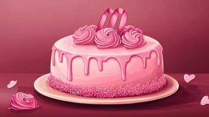 A pink cake with pink frosting and a pink ribbon on top. There are sprinkles on the cake and pink hearts on the table.
