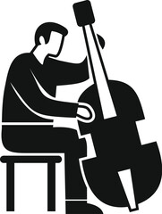 Musician playing a double bass while sitting on a stool, simple black and white image of a contrabass player