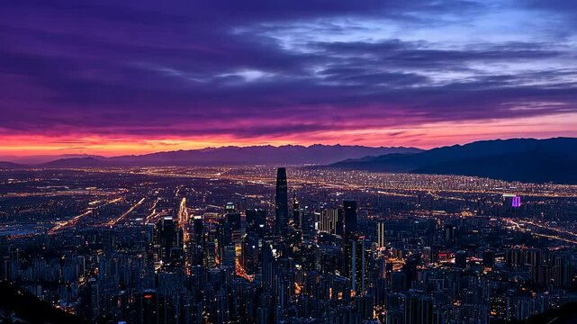 Cityscape with dramatic sunset over mountains.