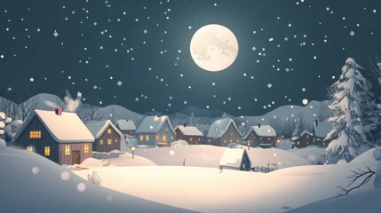 Naklejka premium Christmas Snow Moon Village