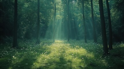 Serene forest with sunlight filtering through tall trees.