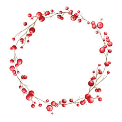 Christmas watercolor with red berries wreath