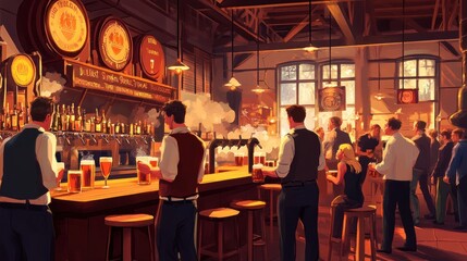 Fototapeta premium A busy pub with patrons enjoying drinks at the bar, a warm atmosphere with wooden beams and exposed brick.