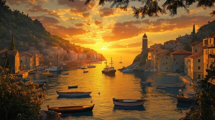 A coastal village at sunset, boats bobbing in the harbor 