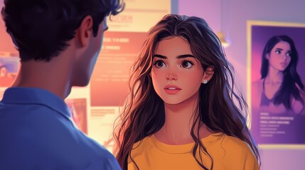 Fototapeta premium Close-Up of Young Woman with Freckles and Long Wavy Hair in Intense Conversation with Man in Softly Lit Room, Emphasizing Emotional Connection and Communication