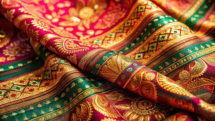 Close up of traditional Indian silk sari texture with intricate designs , Indian, silk, sari, fabric, close up, textile