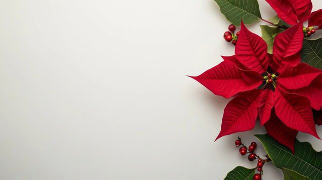 Festive poinsettia flower with vibrant red petals and green leaves on a clean white background for holiday celebrations