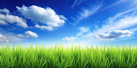 Obraz premium Green grass and blue sky background perfect for nature themed designs, Nature, outdoors, landscape, environment, sunny