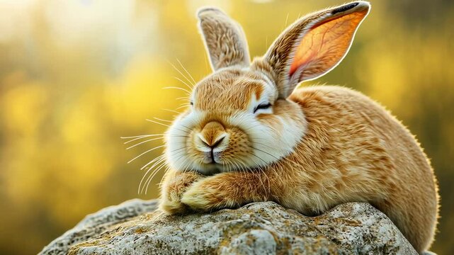 Cute Bunny Relaxing on a Rock, rabbit, hare, adorable, fluffy, soft