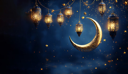 Fototapeta premium A beautiful crescent moon with delicate patterns hanging on the blue background, decorated with glowing stars and clouds, creating an atmosphere of joy during Ramadan