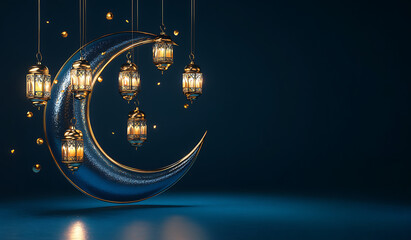  A beautiful crescent moon with delicate patterns hanging on the blue background, decorated with glowing stars and clouds, creating an atmosphere of joy during Ramadan