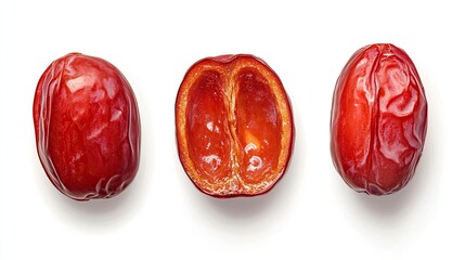 Whole and halved Chinese red dates, isolated on white, vibrant red-brown color