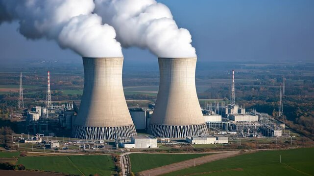 Nuclear Power Plant with Cooling Towers and Steam, smoke, industry, energy, electricity, power station