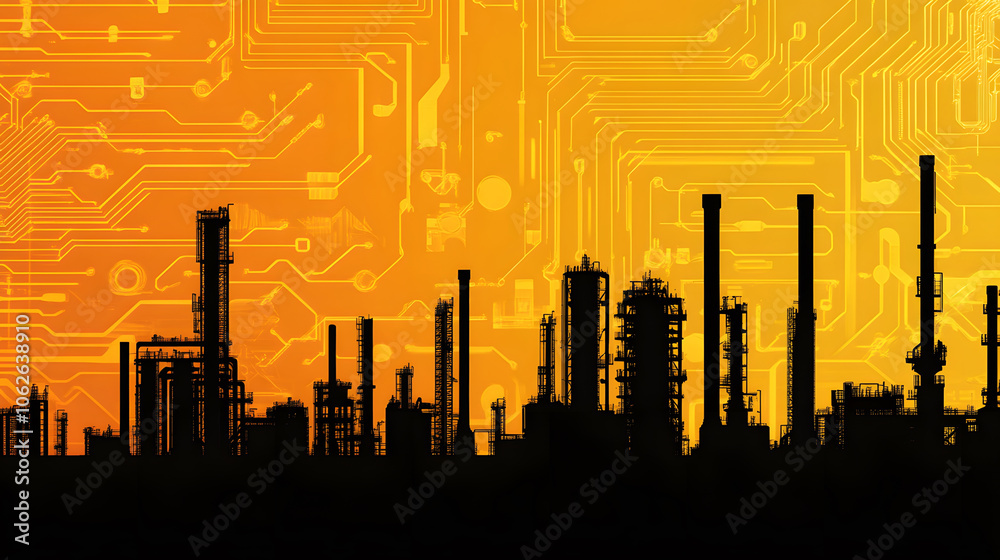 Poster a silhouette of industrial structures against a vibrant orange background, overlaid with circuit pat