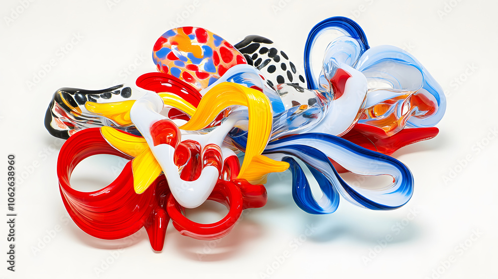 Poster a vibrant arrangement of colorful glass sculptures, featuring abstract shapes and intricate patterns