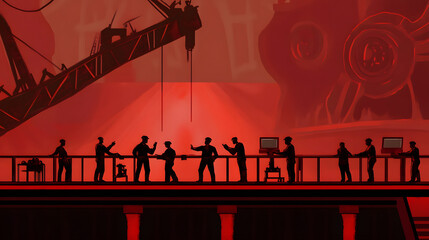 Naklejka premium A dynamic scene featuring silhouetted figures interacting against a bold red industrial backdrop, suggesting collaboration and activity.