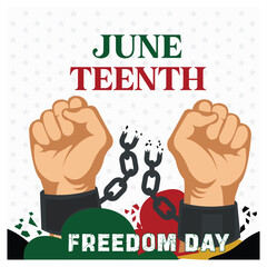 Two hands clenched into fists with broken chains. Juneteenth Celebrates Black Freedom. Juneteenth concept. Flat vector illustration.