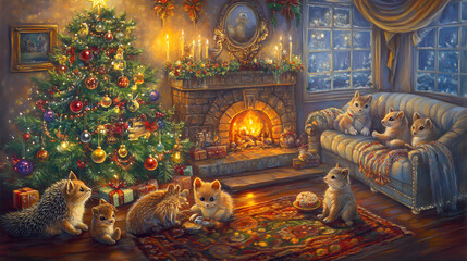 Fototapeta premium A cozy Christmas scene featuring adorable pets around a decorated tree, glowing fireplace, and festive decorations.