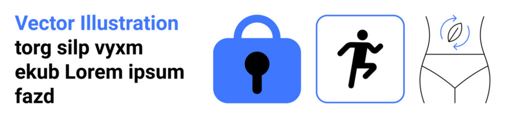 Padlock symbolizing security, running figure denoting fitness, and waist measuring icon for health. Ideal for health apps, fitness programs, data security, privacy awareness, online fitness coaching