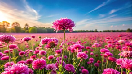 Fototapeta premium Wide-Angle Pink flowers field blurry foreground background