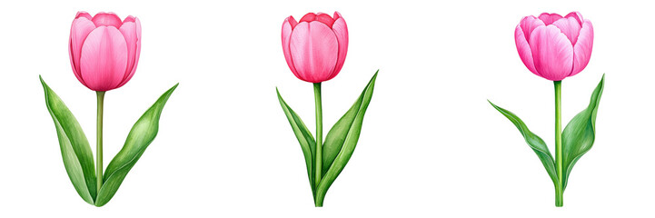 Fototapeta premium Beautiful Tulip Flowers in Vibrant Shades of Pink with Lush Green Leaves on a Black Background