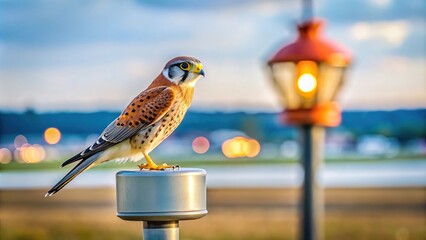 Fototapeta premium American kestrel bird sitting on airport taxiway light