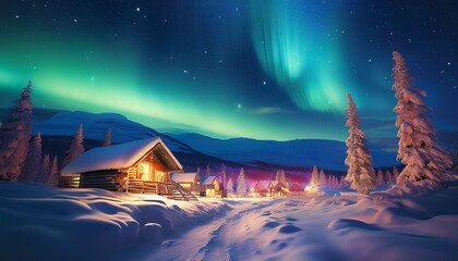 Snowy Village Under Northern Lights