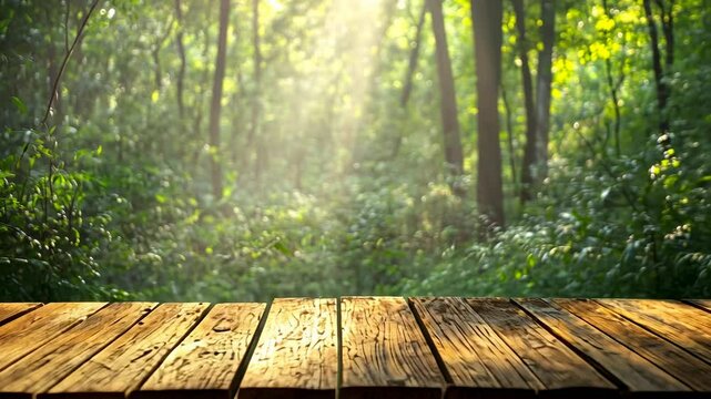 Wooden Tabletop With Blurred Forest Background, wooden surface, wooden plank, desk, counter, table top