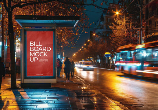 Bus Stop Night Billboard Ad Sign Mockup With Generative AI