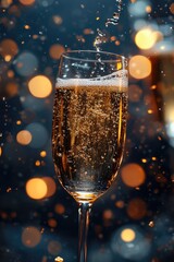 Festive celebration: elegant sparkling champagne glass, capturing the essence of luxury, joy, toasting, and special moments, embodying spirit of festivities with bubbles, glamour, shared happiness.