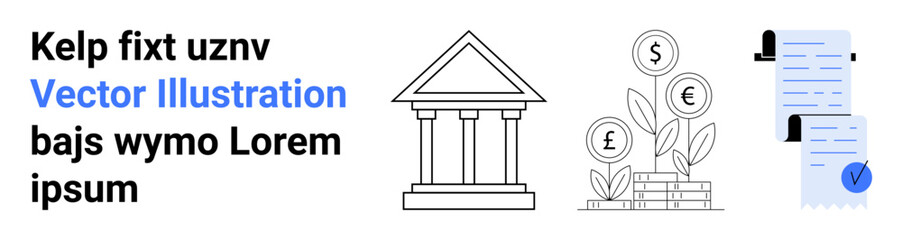 Columns of ancient bank, coin trees representing financial growth, and legal documents with a checked list. Ideal for finance, banking, investment, savings, legal, economic analysis, and education